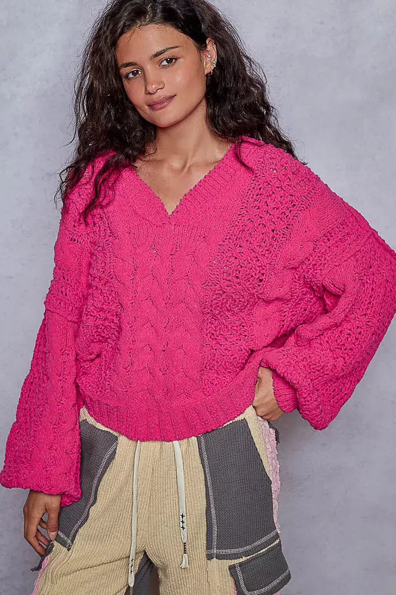 Fuchsia Cable-Knit Solid V-Neck Cropped Sweater - Chic Style, Sweaters, $ 55.00, A Moment Of Now™