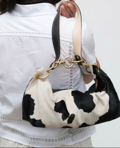 Blair Shoulder Bag, Cow Print Calf Hair-Black Leather