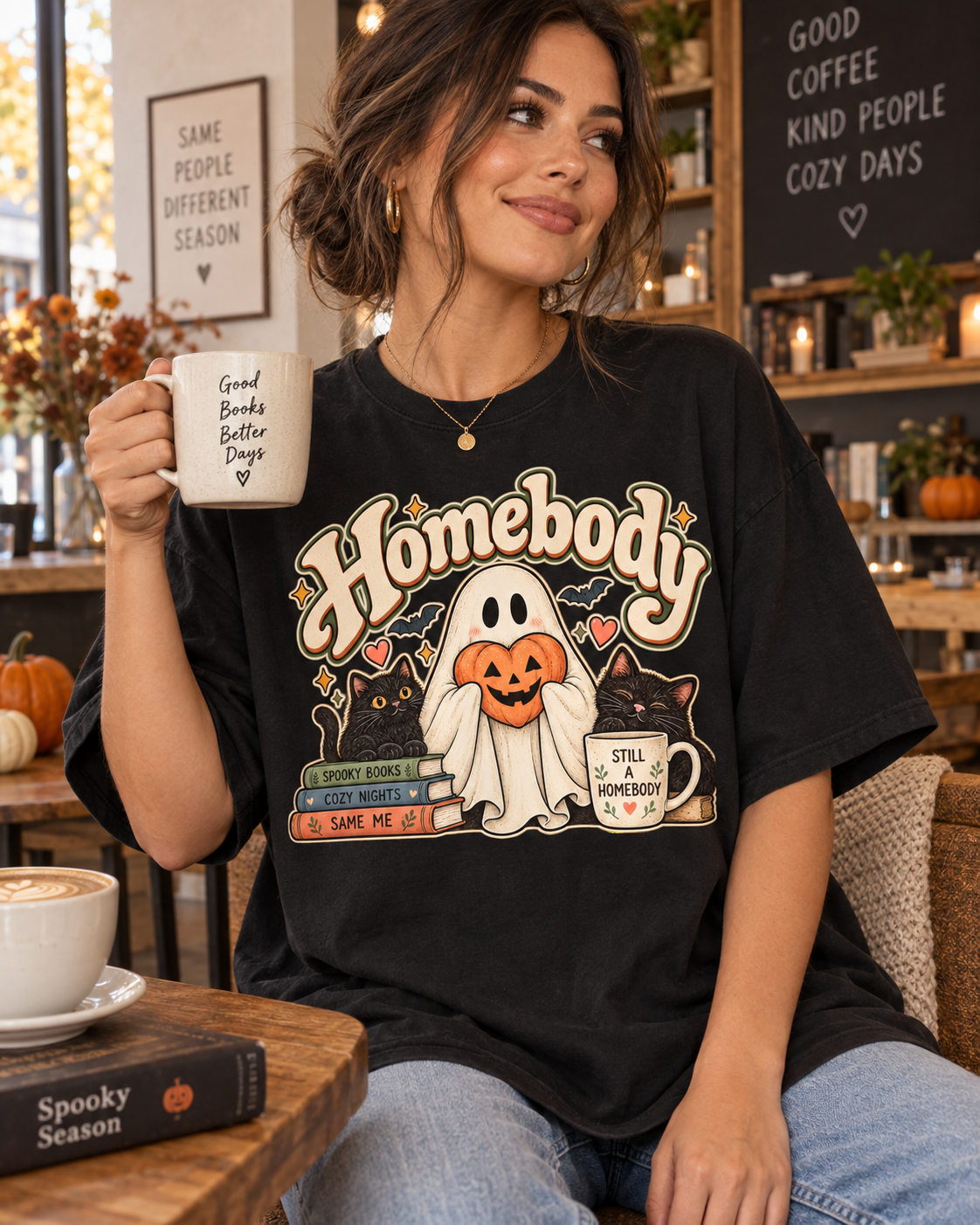 Homebody Halloween T-Shirt — Ghost, Cats & Pumpkin Comfort Colors® Tee