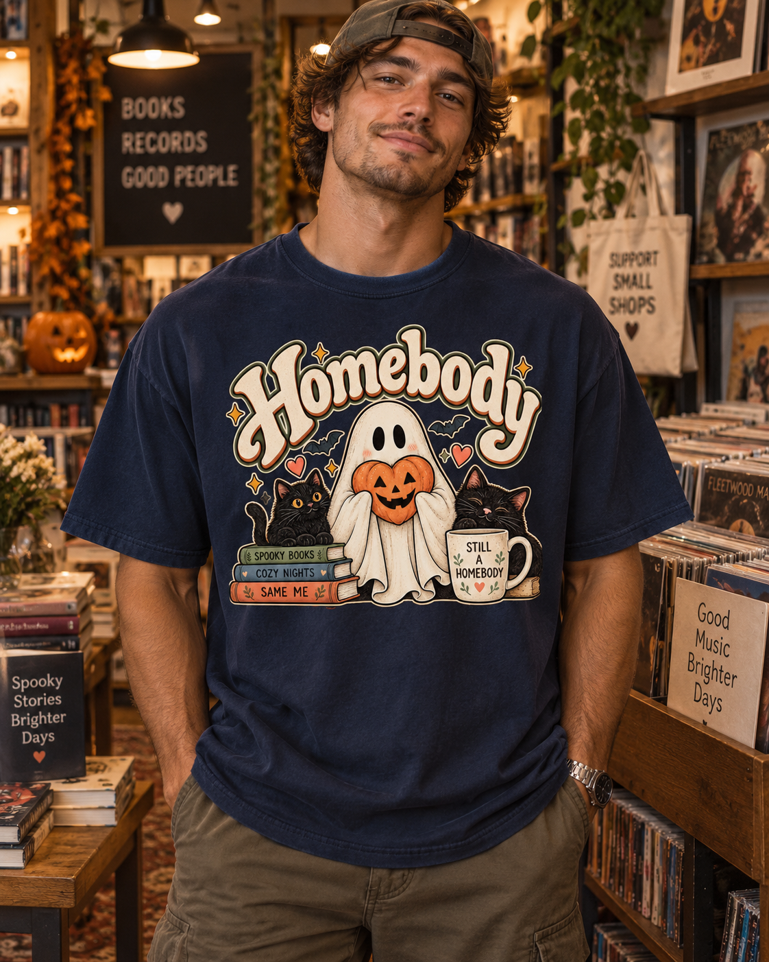 Homebody Halloween T-Shirt — Ghost, Cats & Pumpkin Comfort Colors® Tee