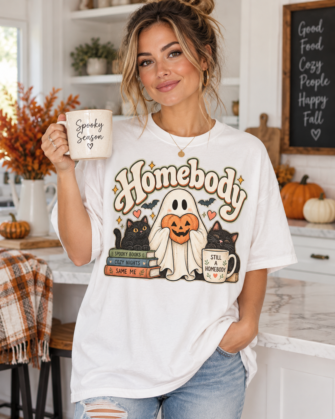 Homebody Halloween T-Shirt — Ghost, Cats & Pumpkin Comfort Colors® Tee
