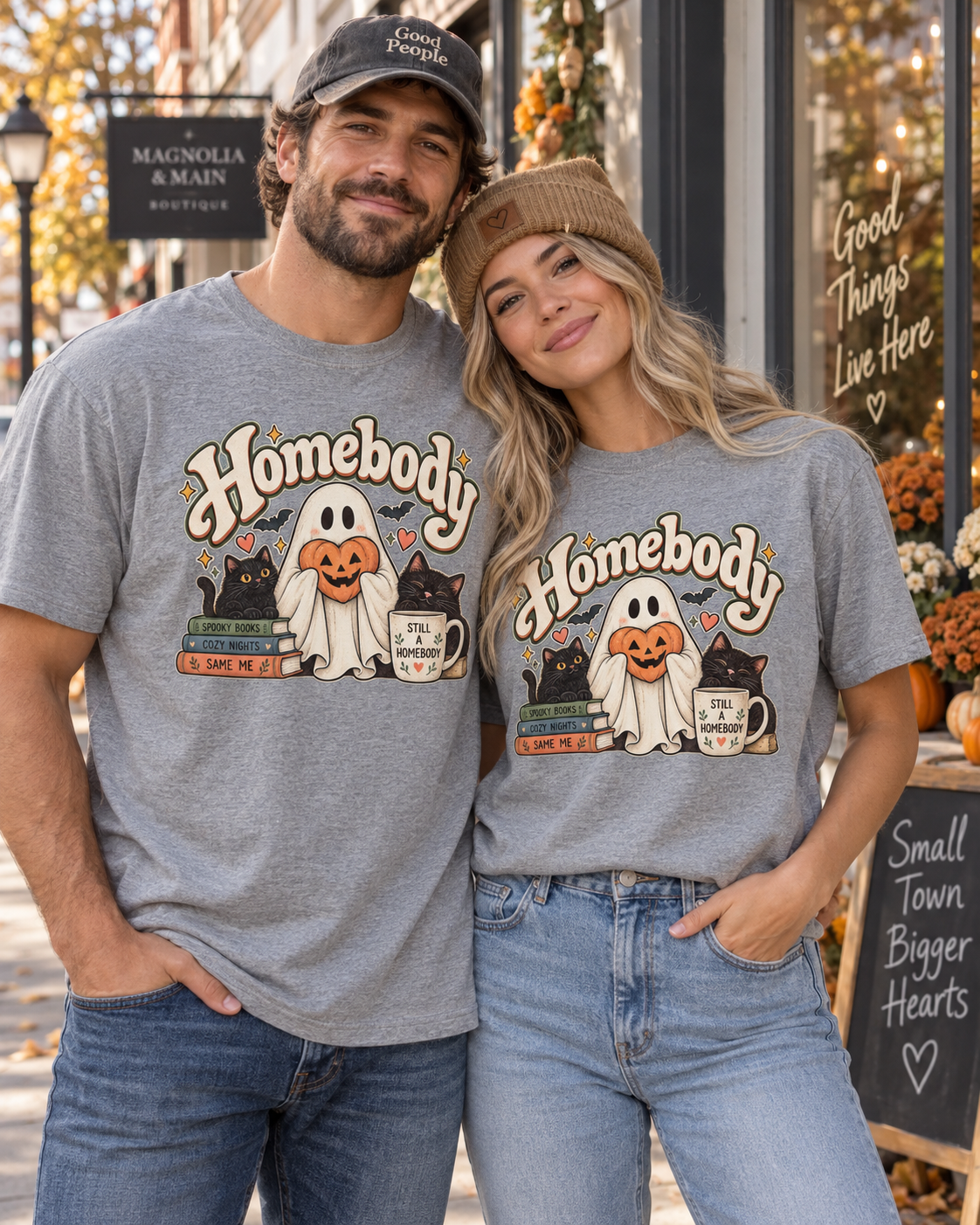 Homebody Halloween T-Shirt — Ghost, Cats & Pumpkin Comfort Colors® Tee