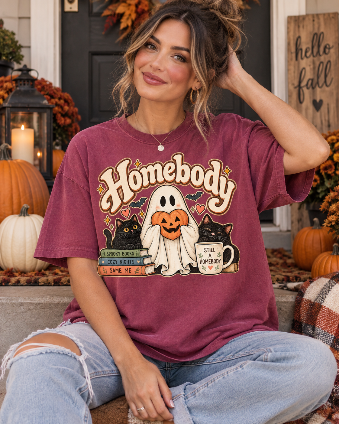 Homebody Halloween T-Shirt — Ghost, Cats & Pumpkin Comfort Colors® Tee