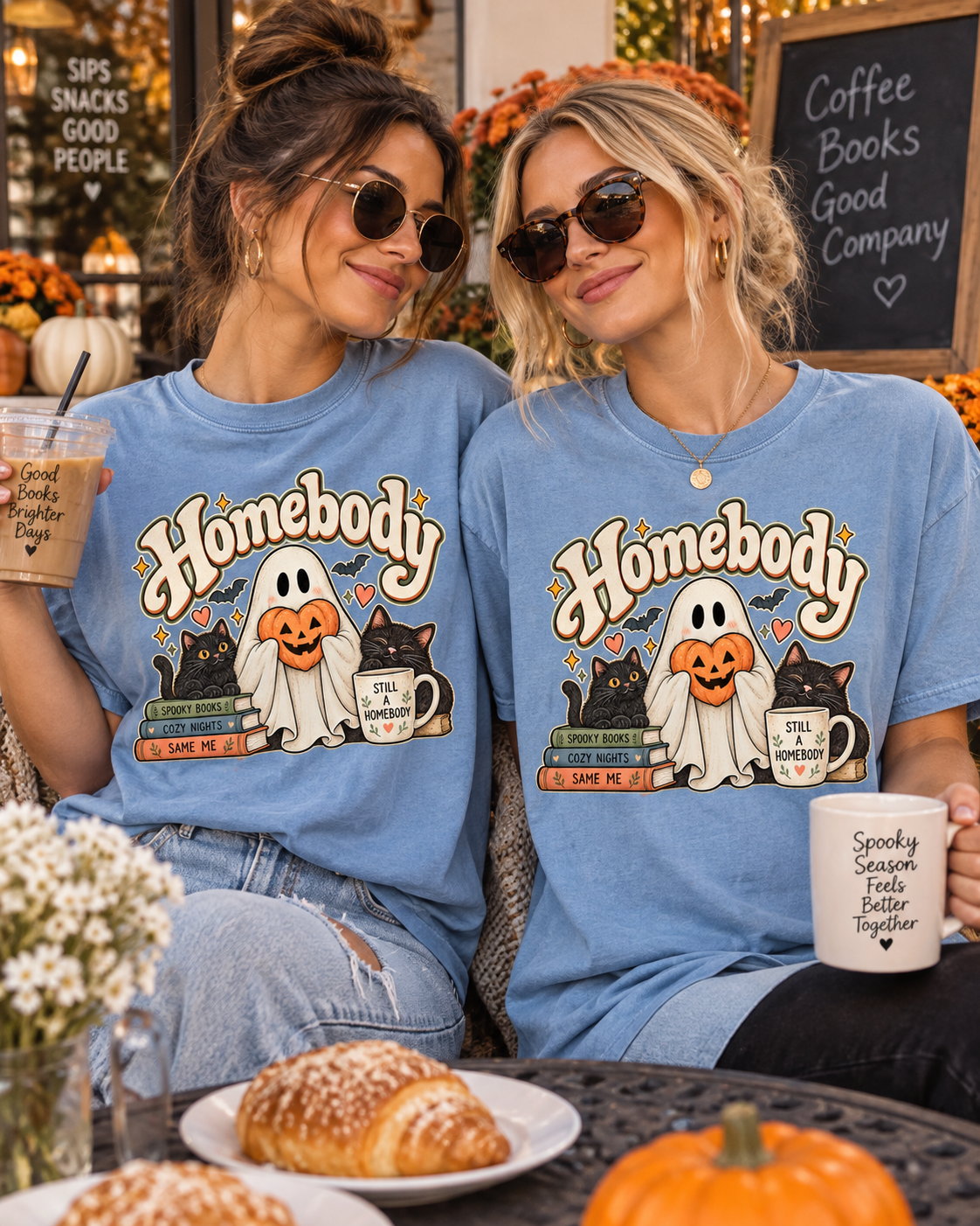 Homebody Halloween T-Shirt — Ghost, Cats & Pumpkin Comfort Colors® Tee