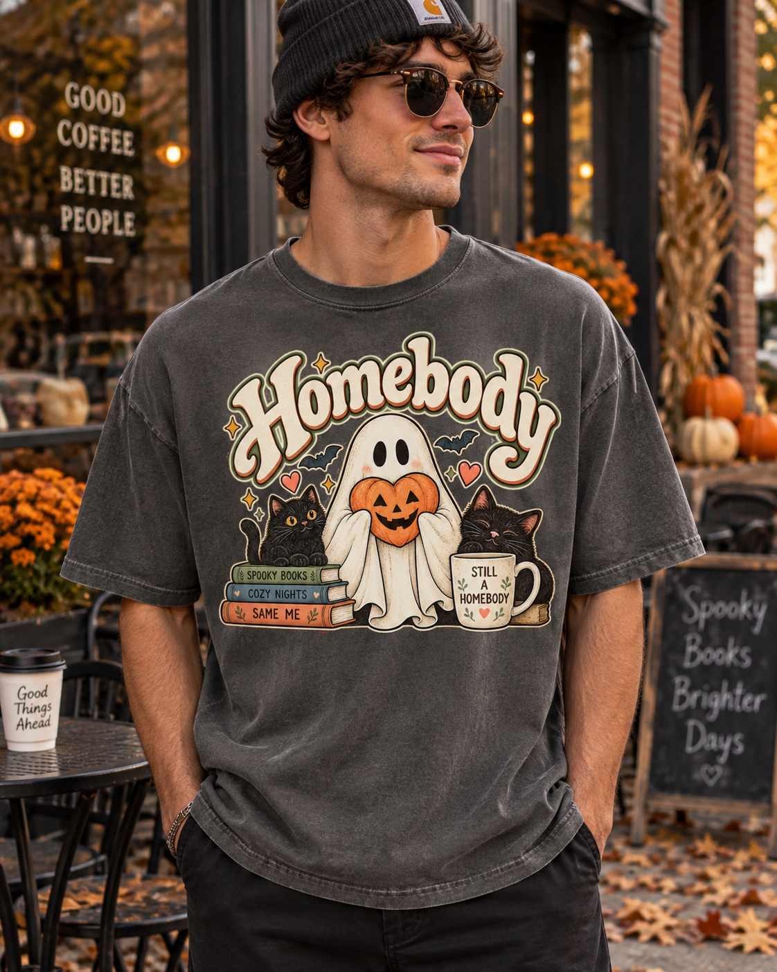 Homebody Halloween T-Shirt — Ghost, Cats & Pumpkin Comfort Colors® Tee