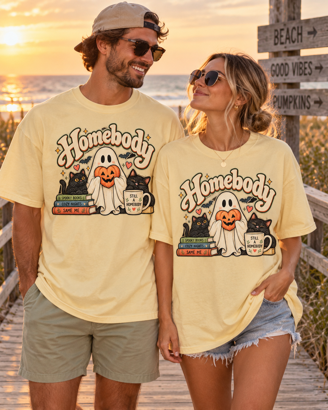 Homebody Halloween T-Shirt — Ghost, Cats & Pumpkin Comfort Colors® Tee