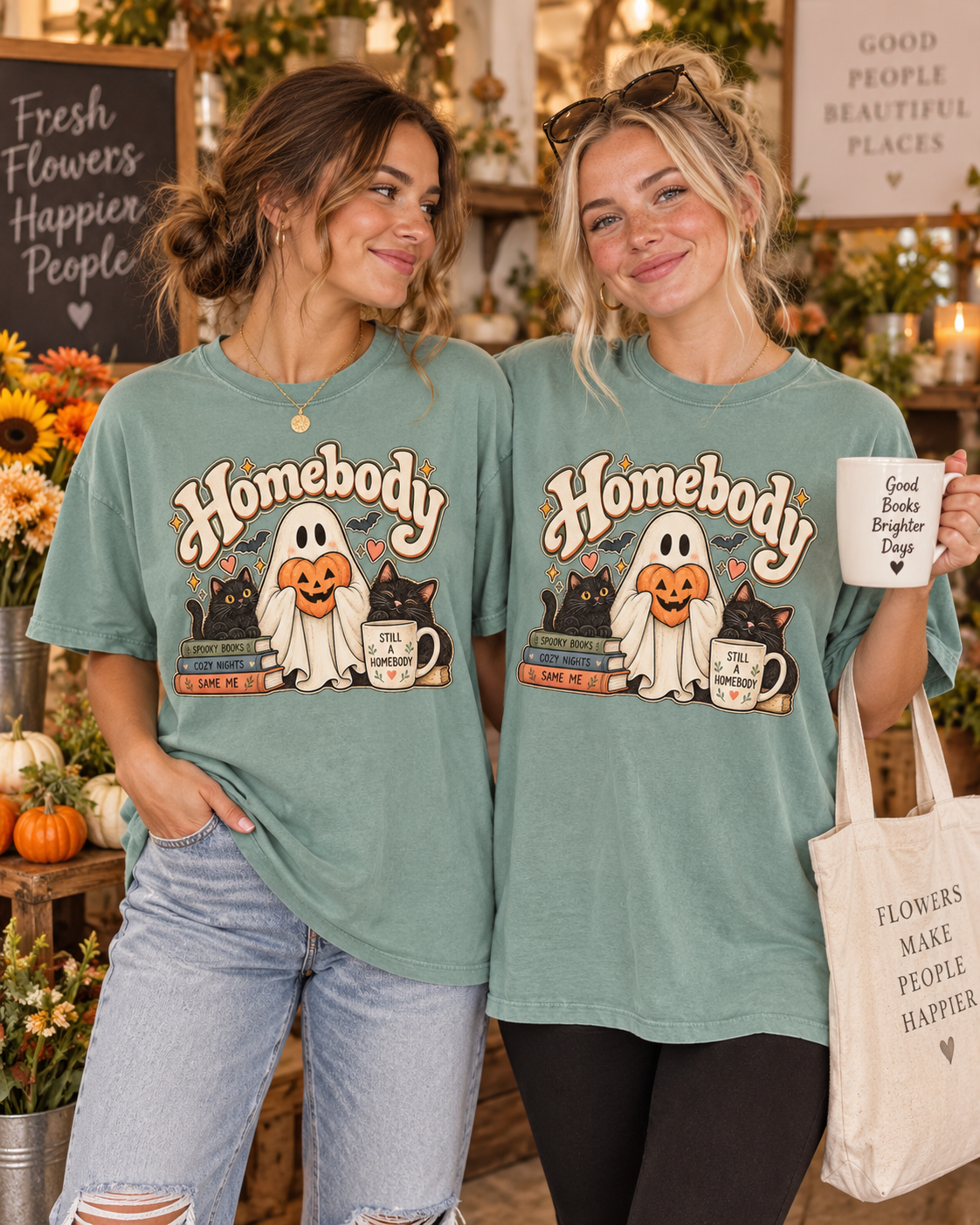Homebody Halloween T-Shirt — Ghost, Cats & Pumpkin Comfort Colors® Tee