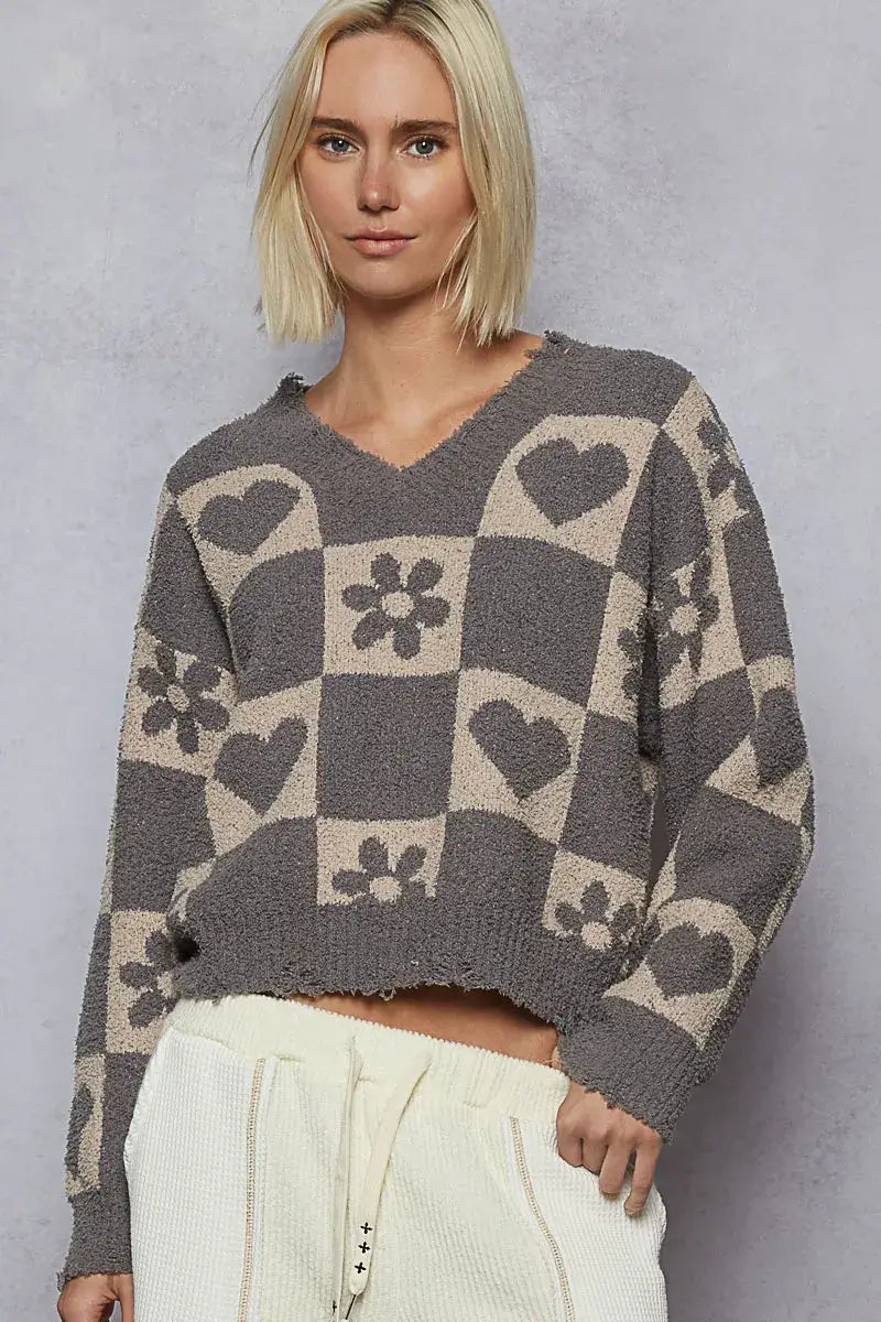 Grey Beige V-Neck Heart Pattern Checkered Sweater for Fall, Sweaters, $ 53.00, A Moment Of Now™