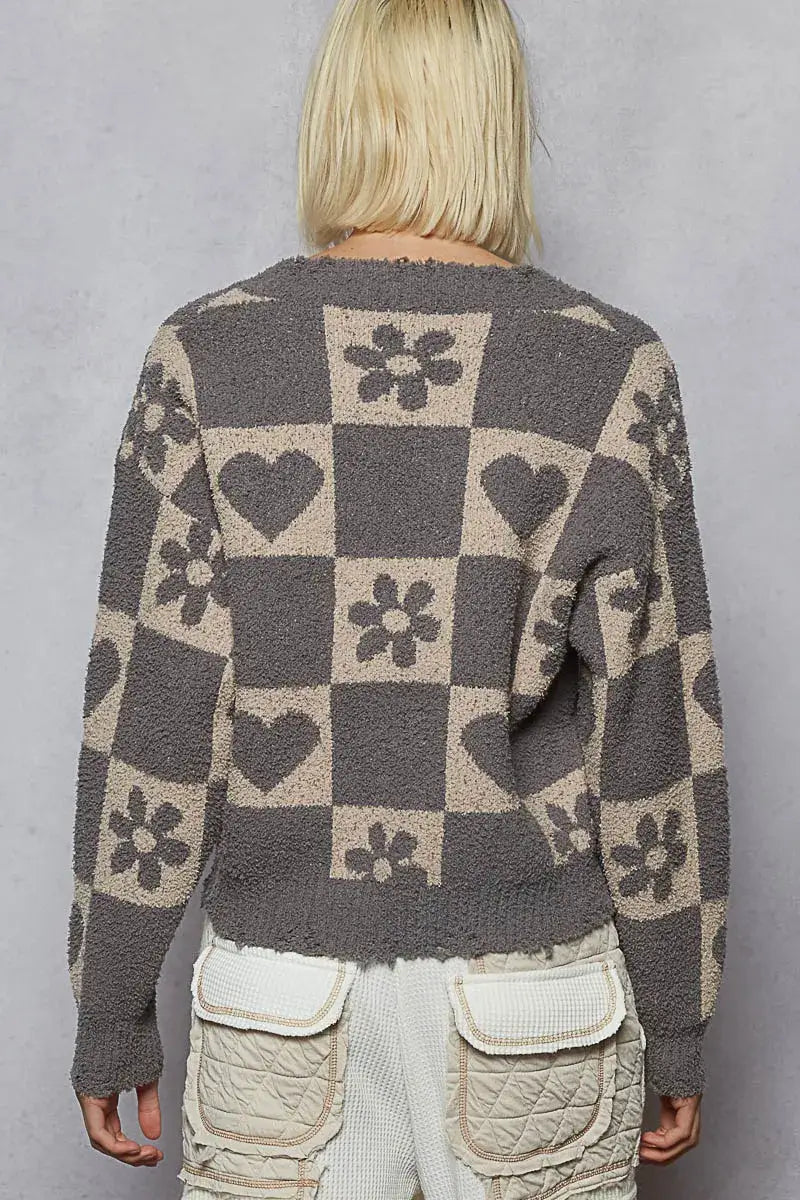 Grey Beige V-Neck Heart Pattern Checkered Sweater for Fall, Sweaters, $ 53.00, A Moment Of Now™