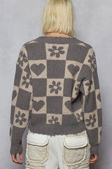 Grey Beige V-Neck Heart Pattern Checkered Sweater for Fall, Sweaters, $ 53.00, A Moment Of Now™