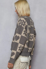 Grey Beige V-Neck Heart Pattern Checkered Sweater for Fall, Sweaters, $ 53.00, A Moment Of Now™