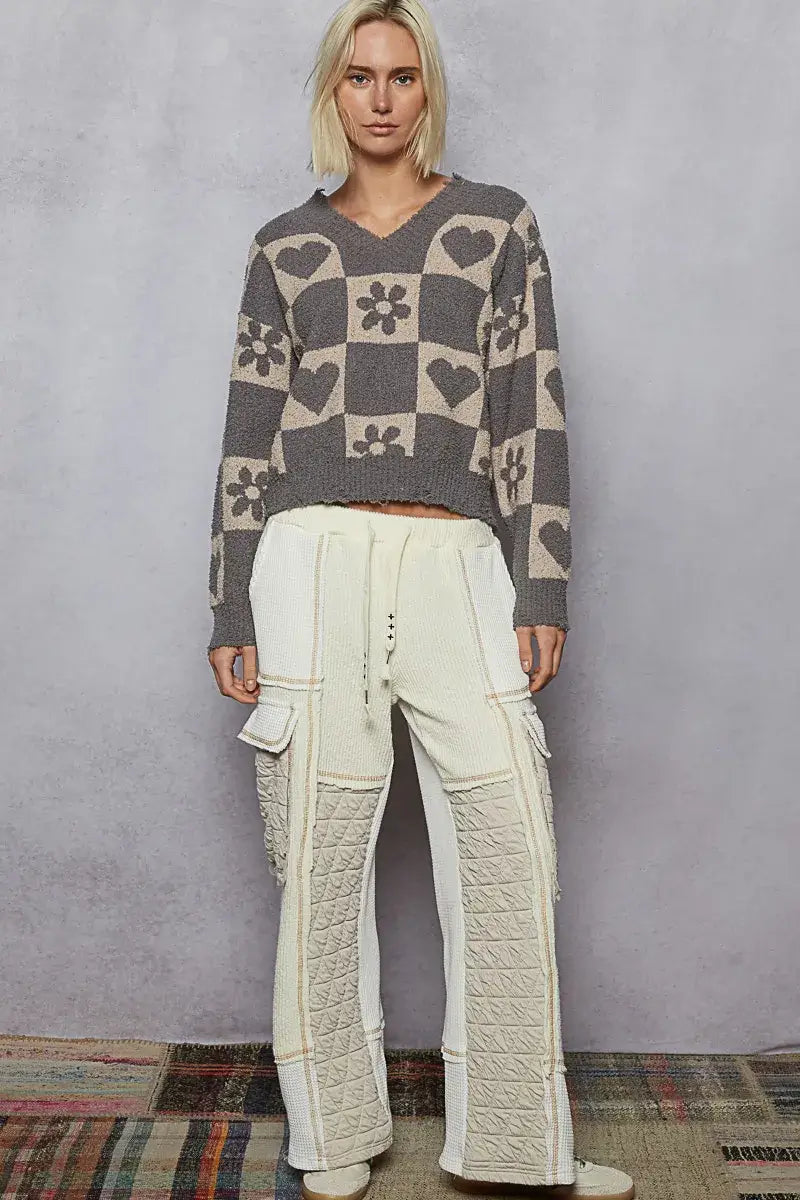 Grey Beige V-Neck Heart Pattern Checkered Sweater for Fall, Sweaters, $ 53.00, A Moment Of Now™