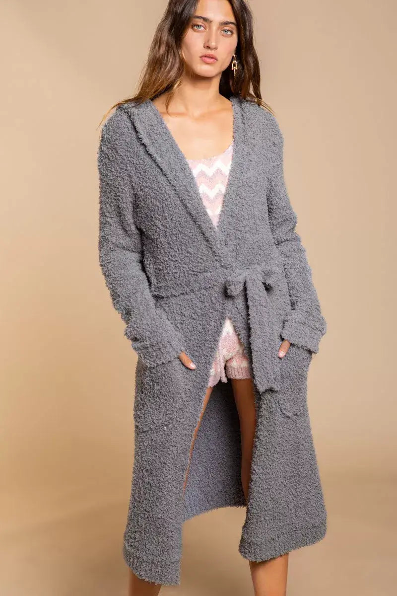 Grey Berber Fleece Tie Front Cardigan with Pockets, Cardigans, $ 43.00, A Moment Of Now™
