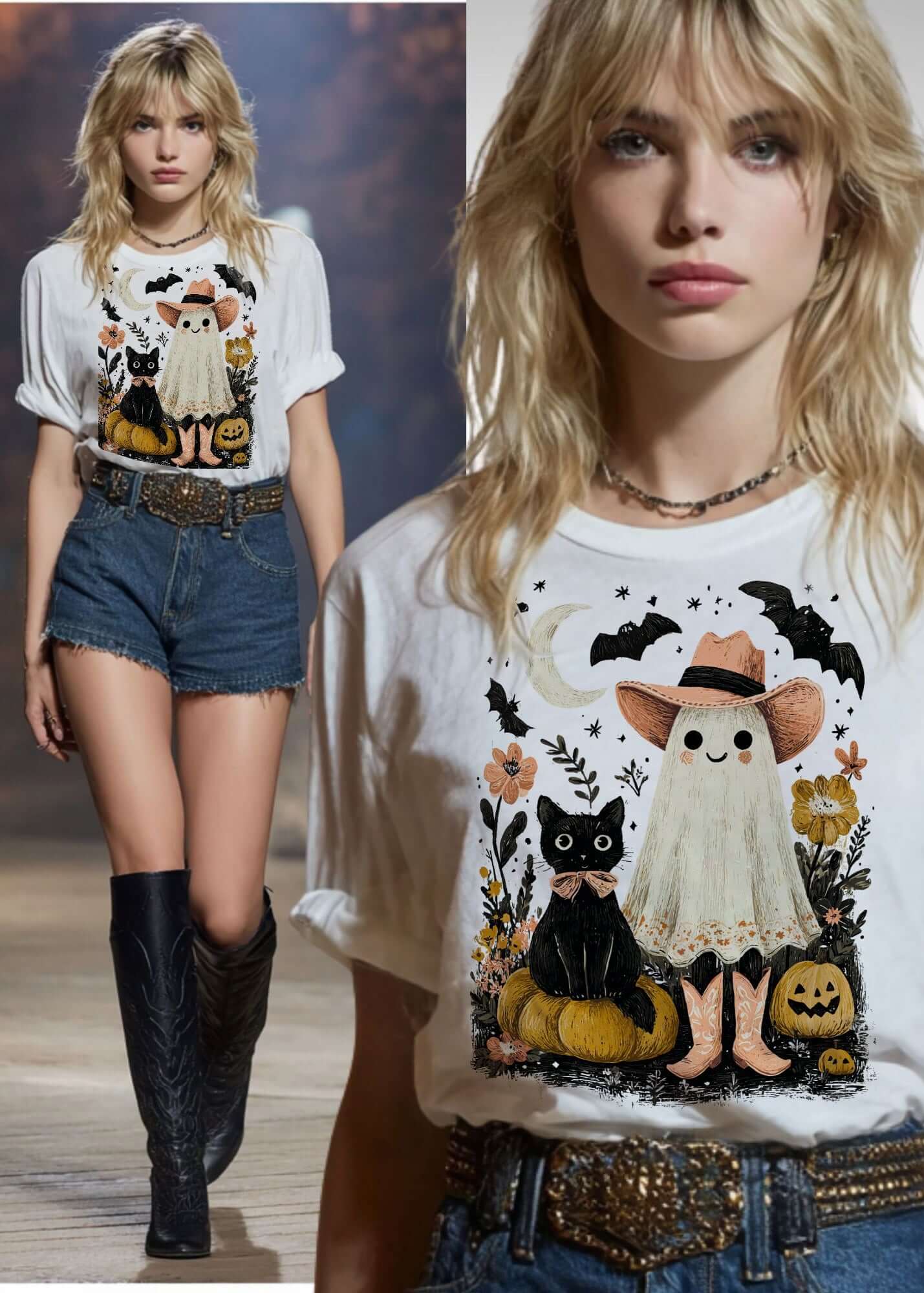 Halloween Western Ghost & Black Cats Graphic T-shirt Tee