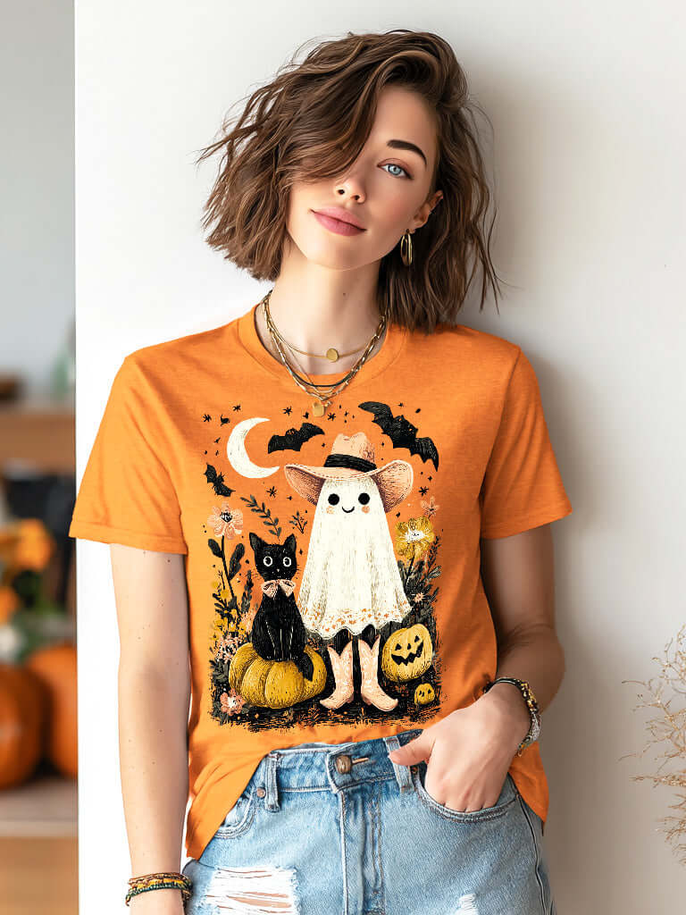 Halloween Western Ghost & Black Cats Graphic T-shirt Tee