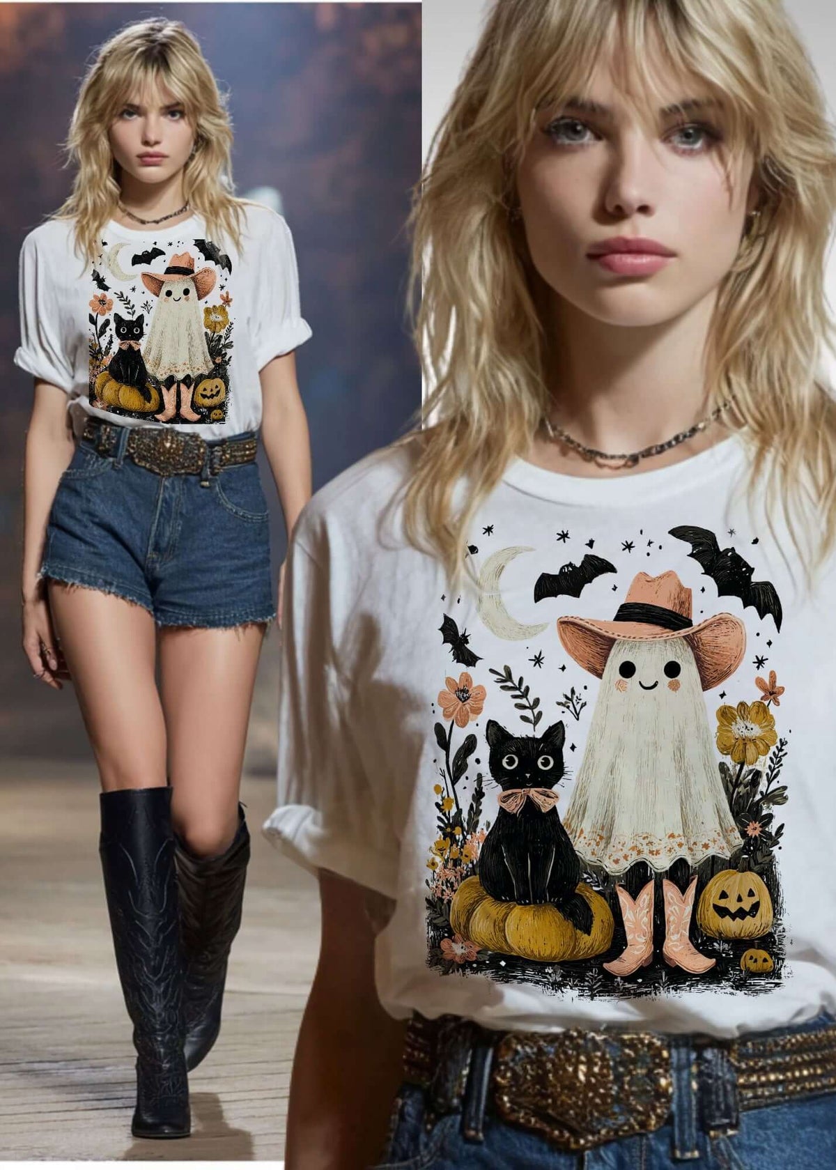 Halloween Western Ghost & Black Cats Graphic T-shirt Tee
