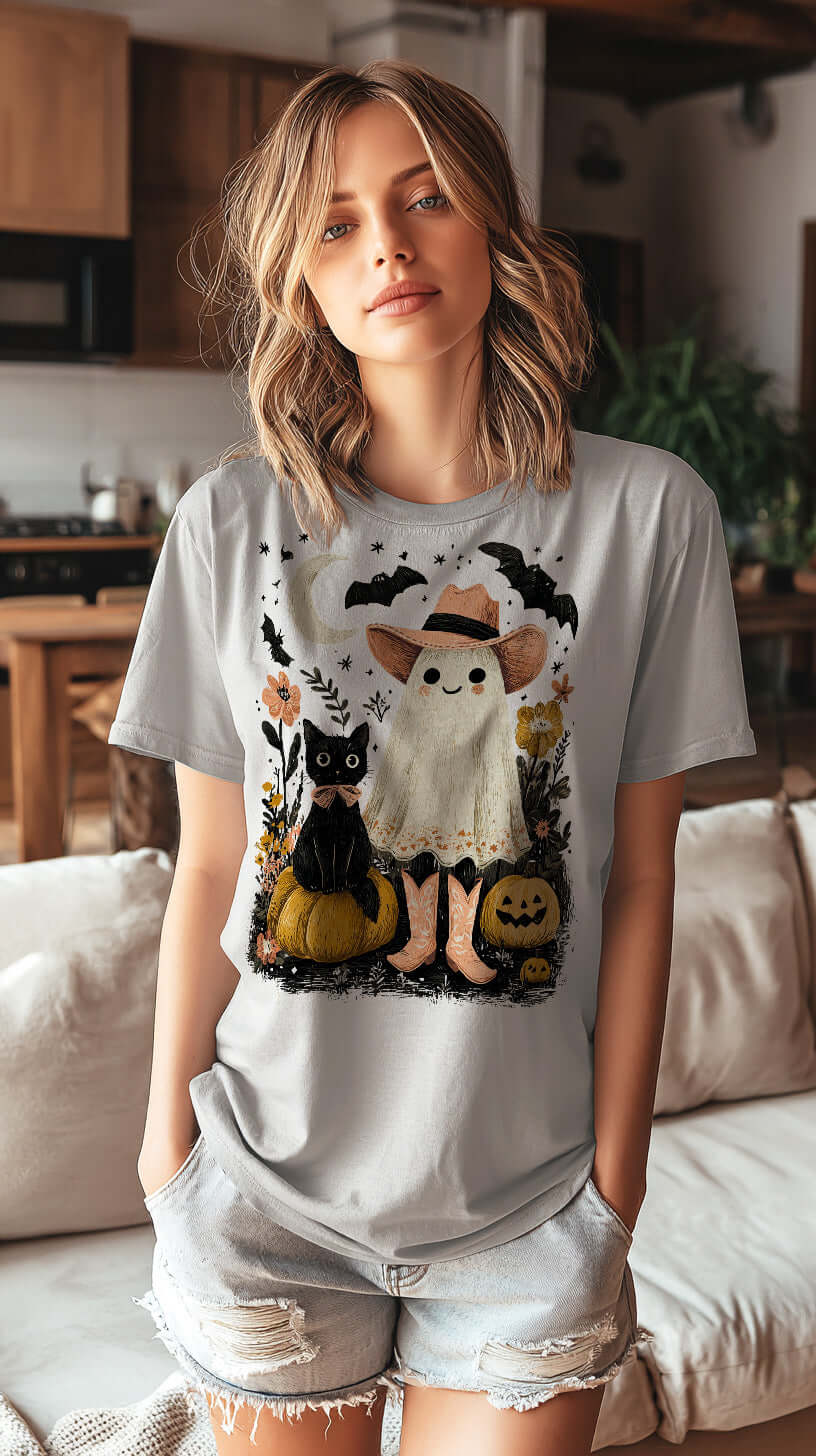 Halloween Western Ghost & Black Cats Graphic T-shirt Tee