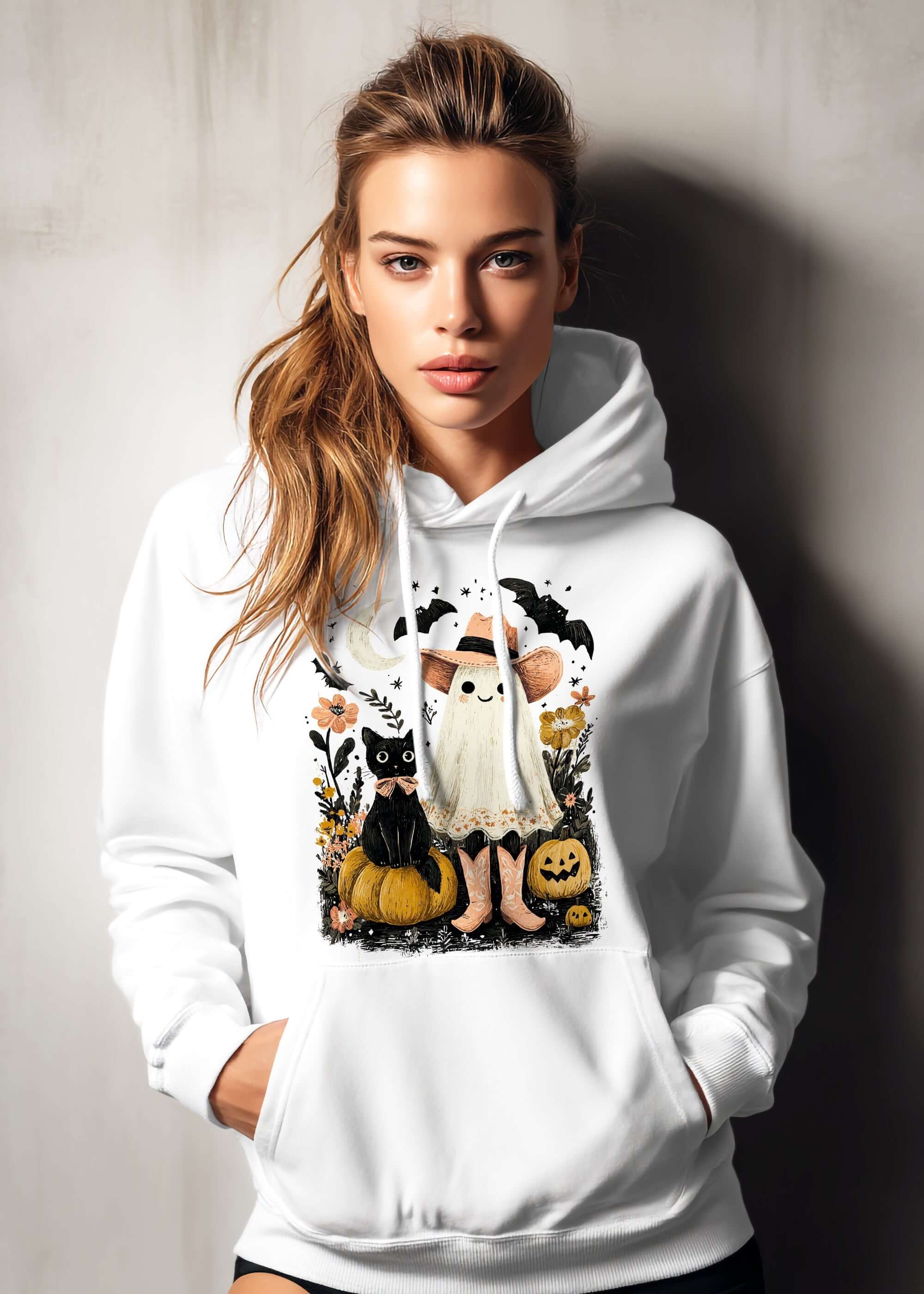 Halloween Western Ghost & Black Cats Hoodie - Cozy & Spooky, Hoodies, $ 47.00, A Moment Of Now™