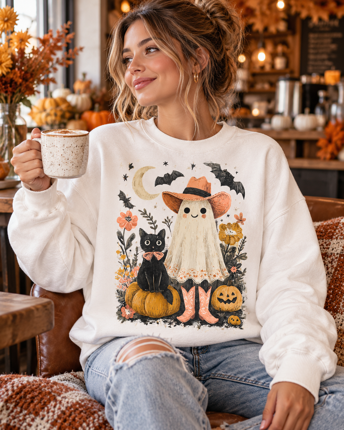 Halloween Ghost Costume Sweatshirt — Cute Ghost, Black Cat & Pumpkins Fall Pullover