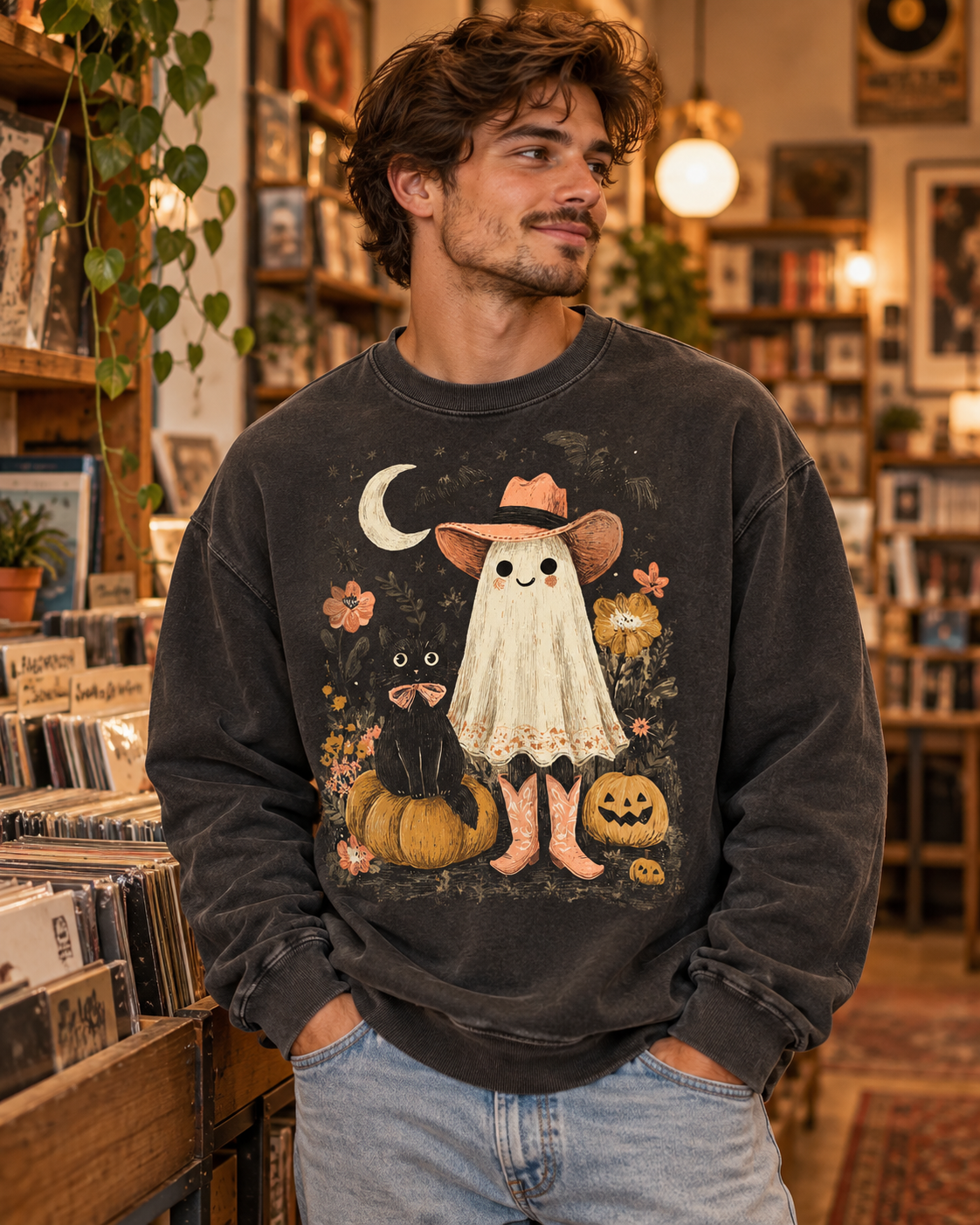 Halloween Ghost Costume Sweatshirt — Cute Ghost, Black Cat & Pumpkins Fall Pullover