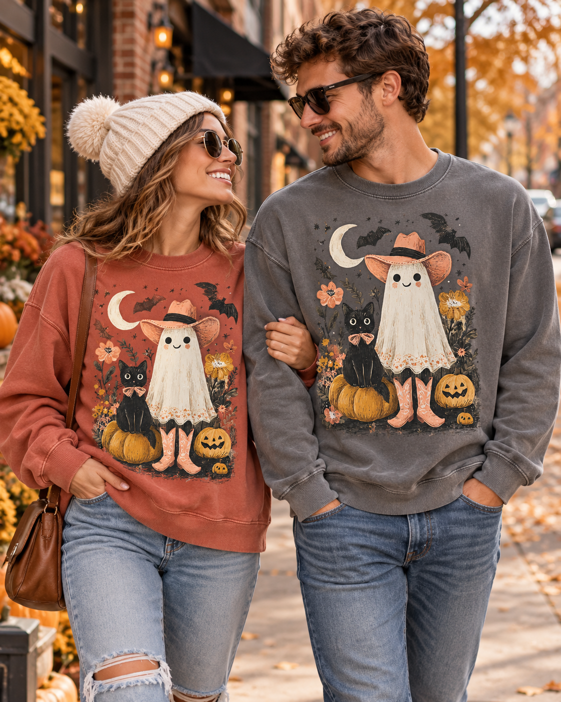 Halloween Ghost Costume Sweatshirt — Cute Ghost, Black Cat & Pumpkins Fall Pullover