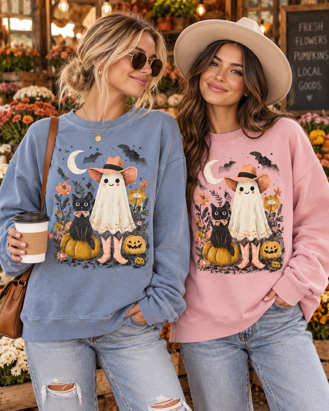 Halloween Ghost Costume Sweatshirt — Cute Ghost, Black Cat & Pumpkins Fall Pullover