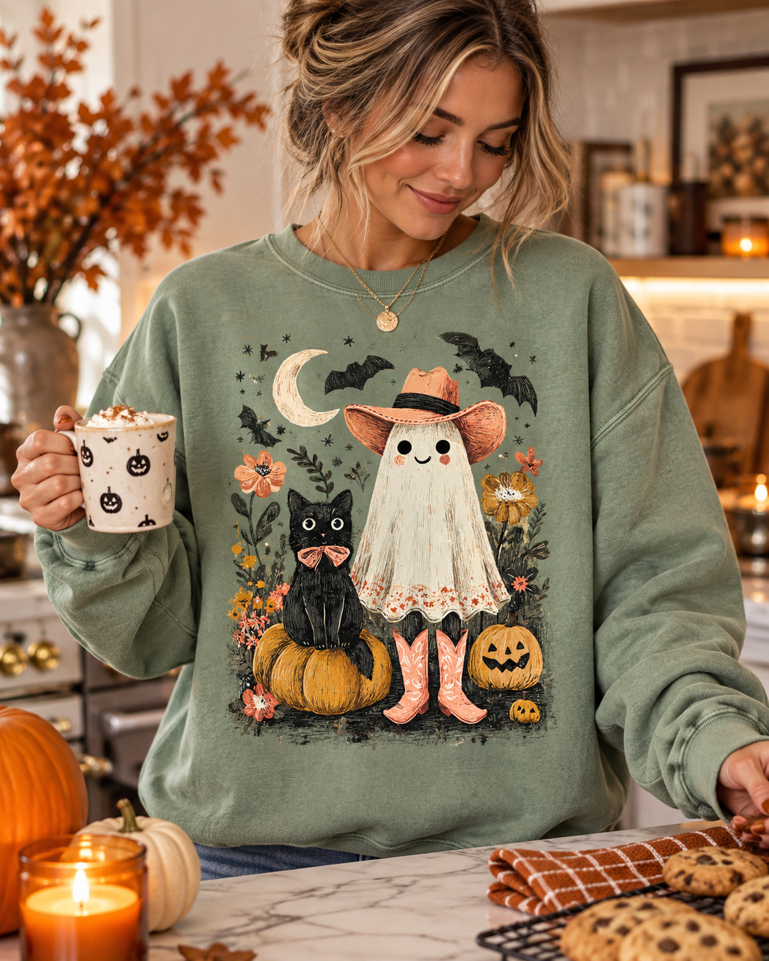 Halloween Ghost Costume Sweatshirt — Cute Ghost, Black Cat & Pumpkins Fall Pullover