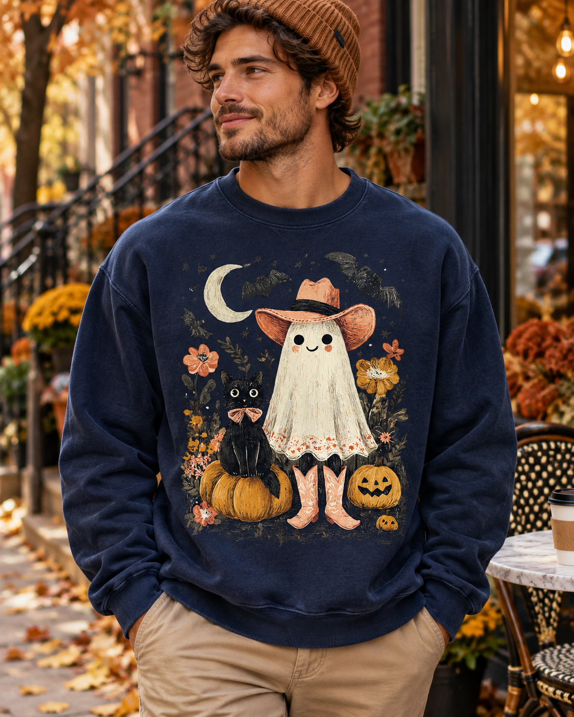 Halloween Ghost Costume Sweatshirt — Cute Ghost, Black Cat & Pumpkins Fall Pullover