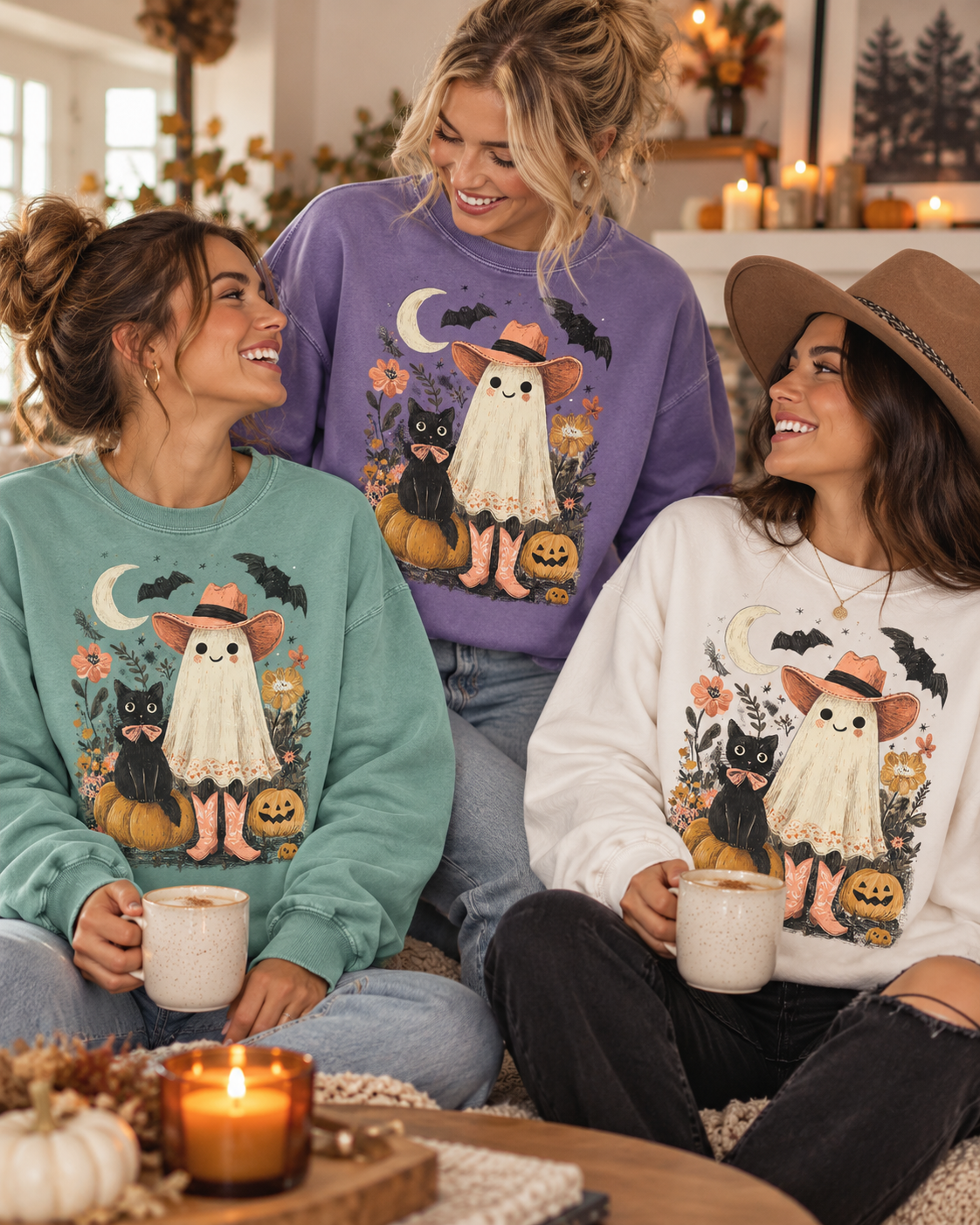 Halloween Ghost Costume Sweatshirt — Cute Ghost, Black Cat & Pumpkins Fall Pullover