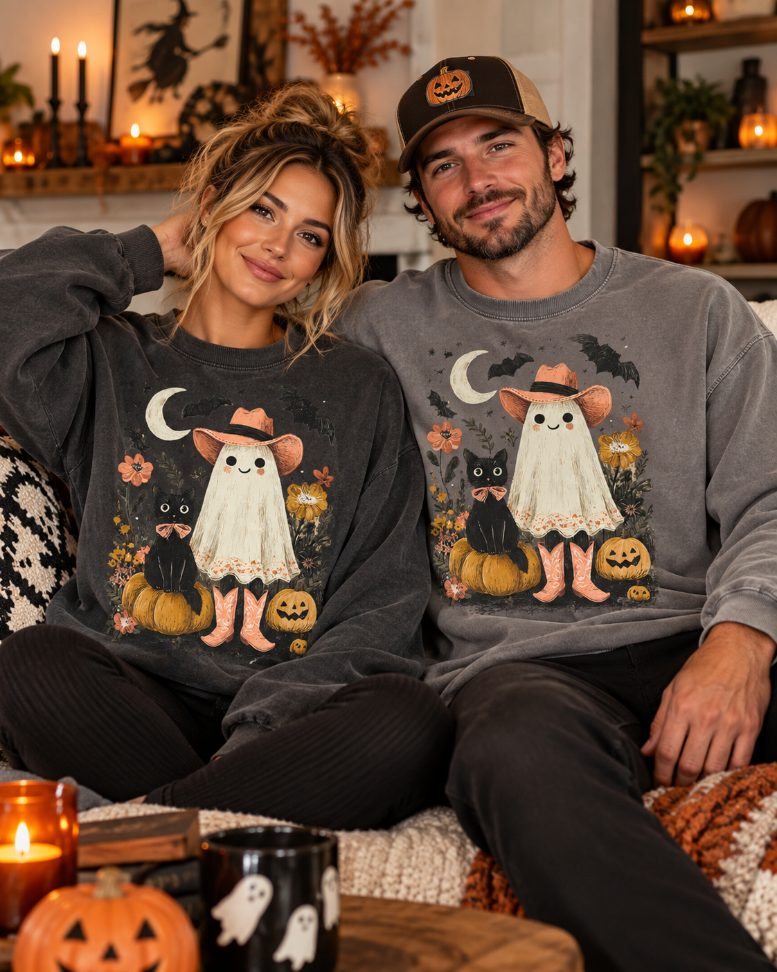 Halloween Ghost Costume Sweatshirt — Cute Ghost, Black Cat & Pumpkins Fall Pullover