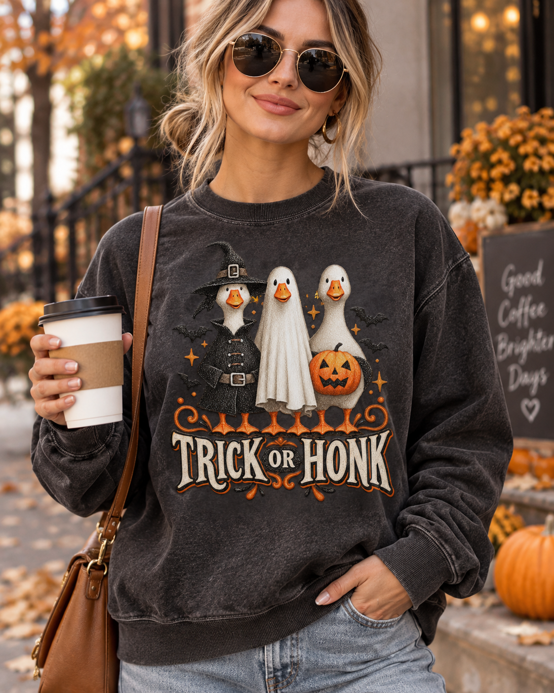 Halloween Goose Sweatshirt — "Trick or Honk" Goose Trio Costume Crewneck