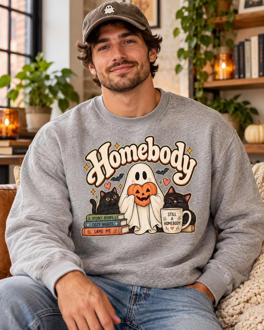 Halloween Homebody Sweatshirt — Cozy Ghost, Books & Pumpkin Mug Graphic