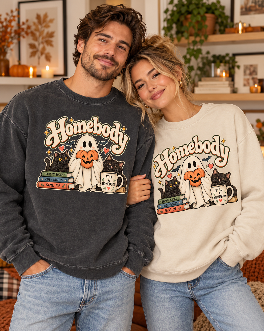 Halloween Homebody Sweatshirt — Cozy Ghost, Books & Pumpkin Mug Graphic