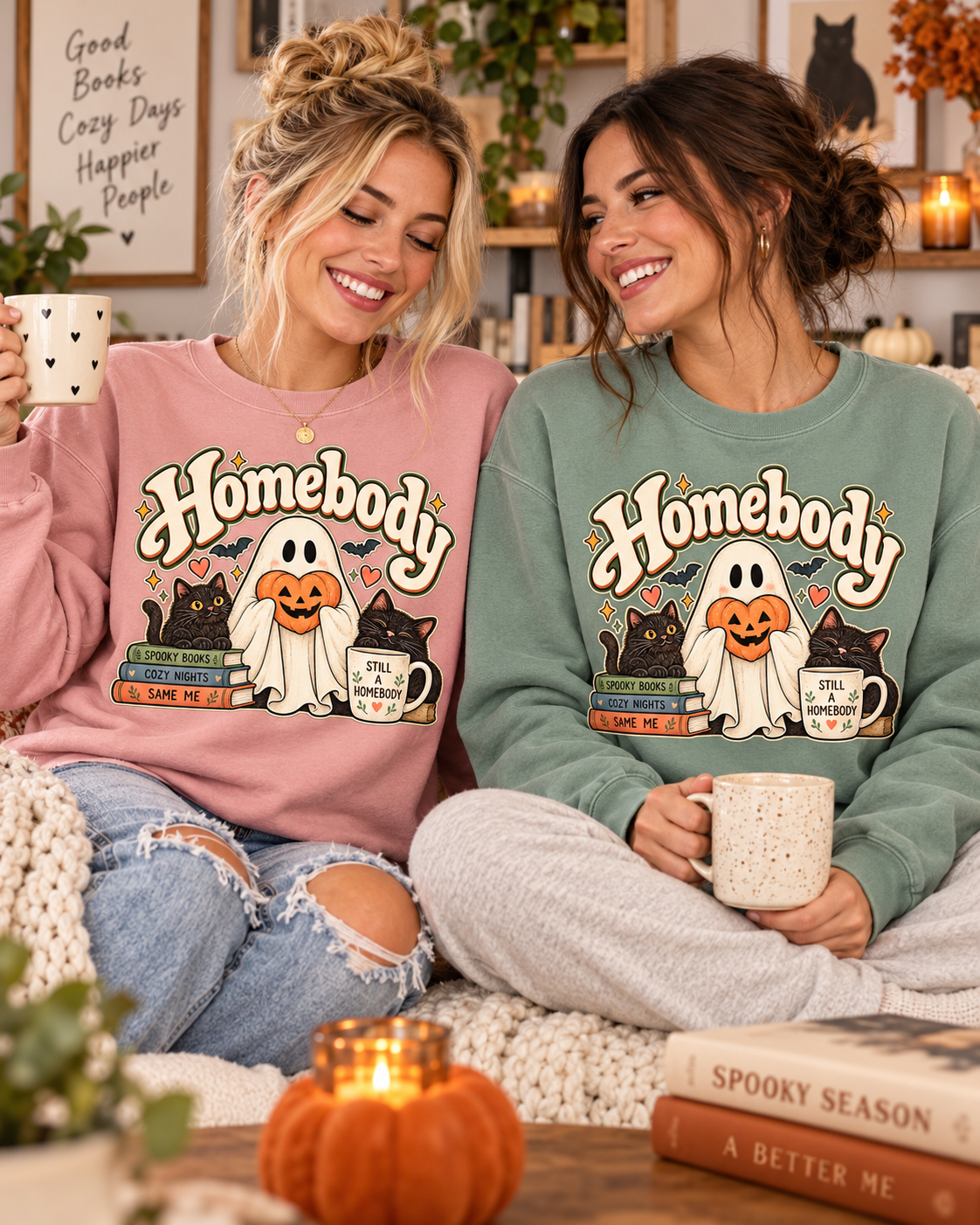 Halloween Homebody Sweatshirt — Cozy Ghost, Books & Pumpkin Mug Graphic
