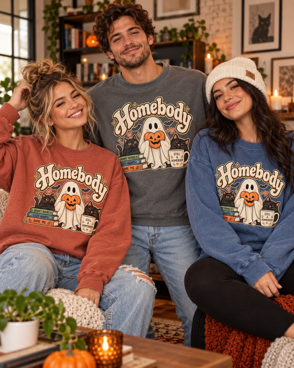 Halloween Homebody Sweatshirt — Cozy Ghost, Books & Pumpkin Mug Graphic