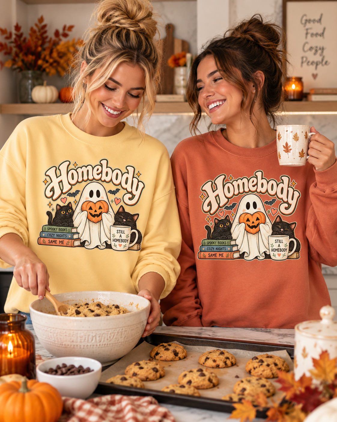 Halloween Homebody Sweatshirt — Cozy Ghost, Books & Pumpkin Mug Graphic