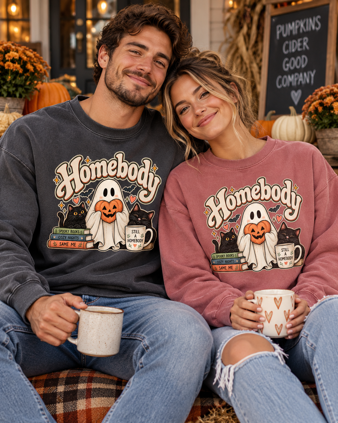 Halloween Homebody Sweatshirt — Cozy Ghost, Books & Pumpkin Mug Graphic