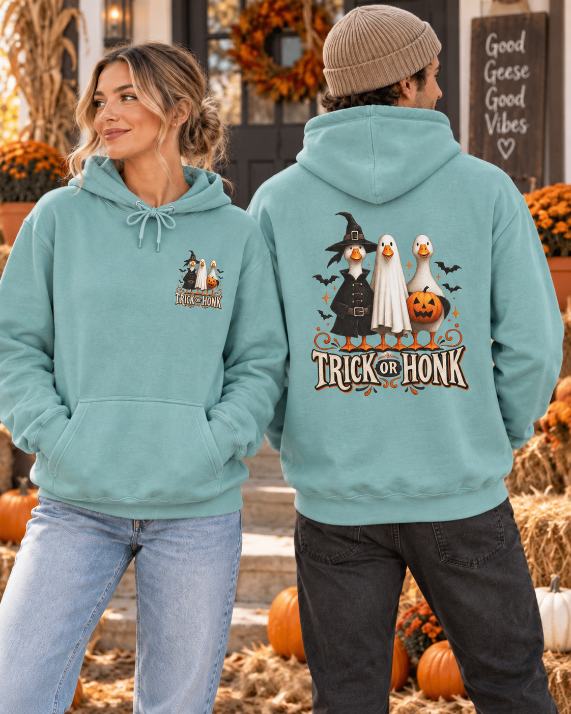 Halloween Witch & Cat Hoodie — 'Trick or Treat' Cozy Graphic Pullover