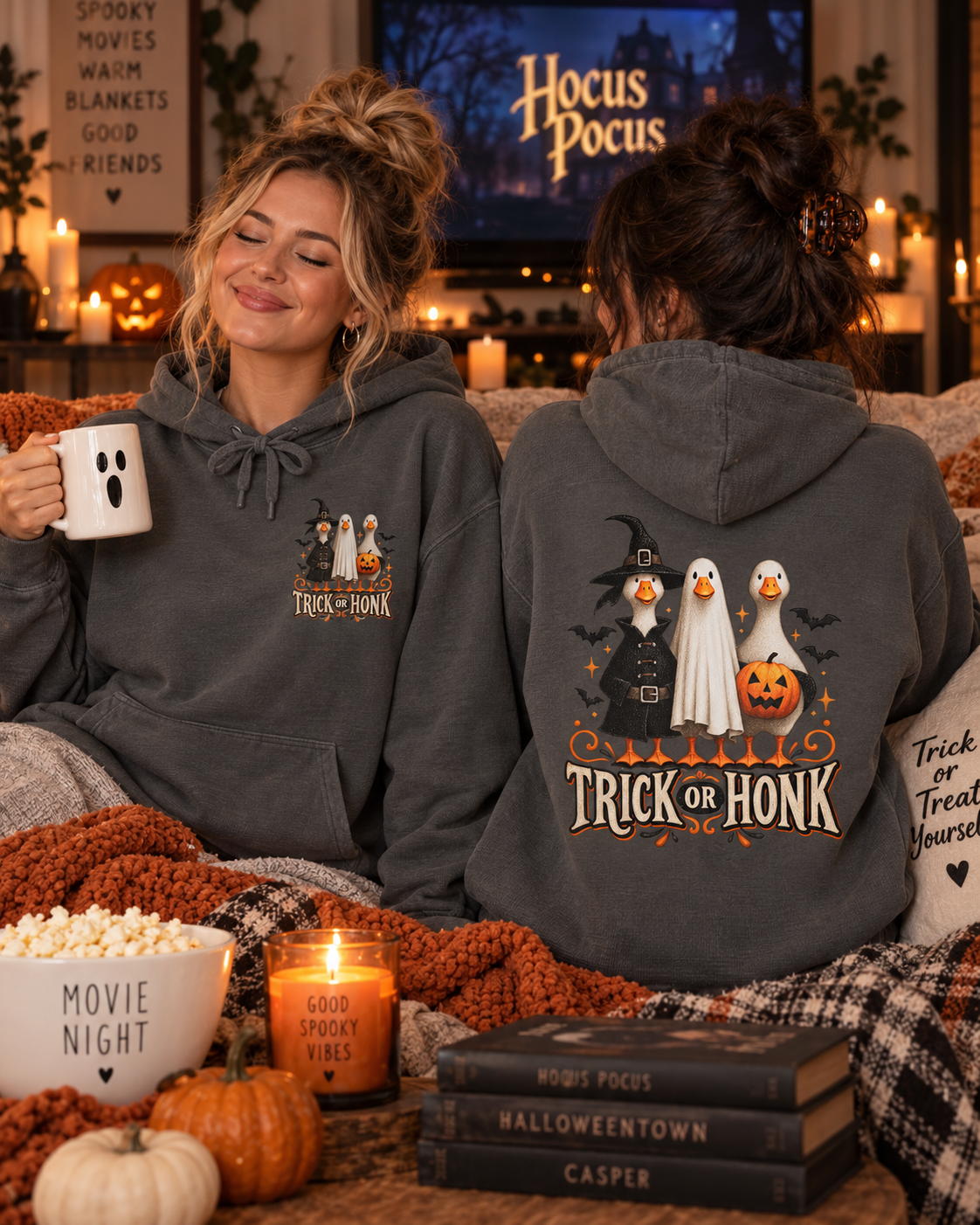Halloween Witch & Cat Hoodie — 'Trick or Treat' Cozy Graphic Pullover