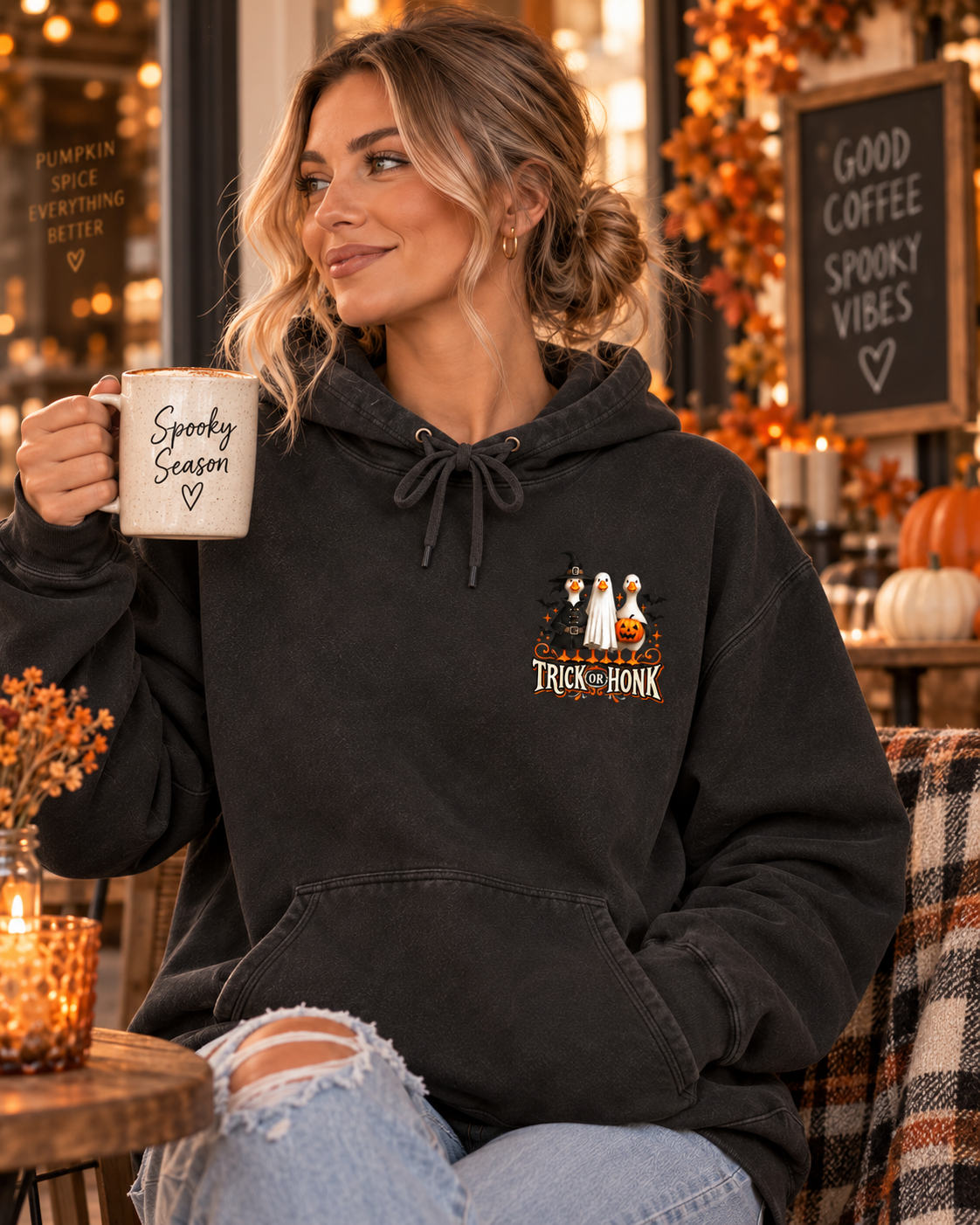 Halloween Witch & Cat Hoodie — 'Trick or Treat' Cozy Graphic Pullover