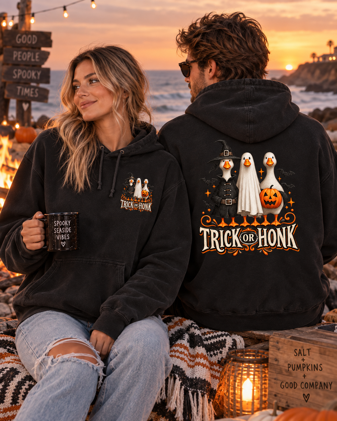 Halloween Witch & Cat Hoodie — 'Trick or Treat' Cozy Graphic Pullover