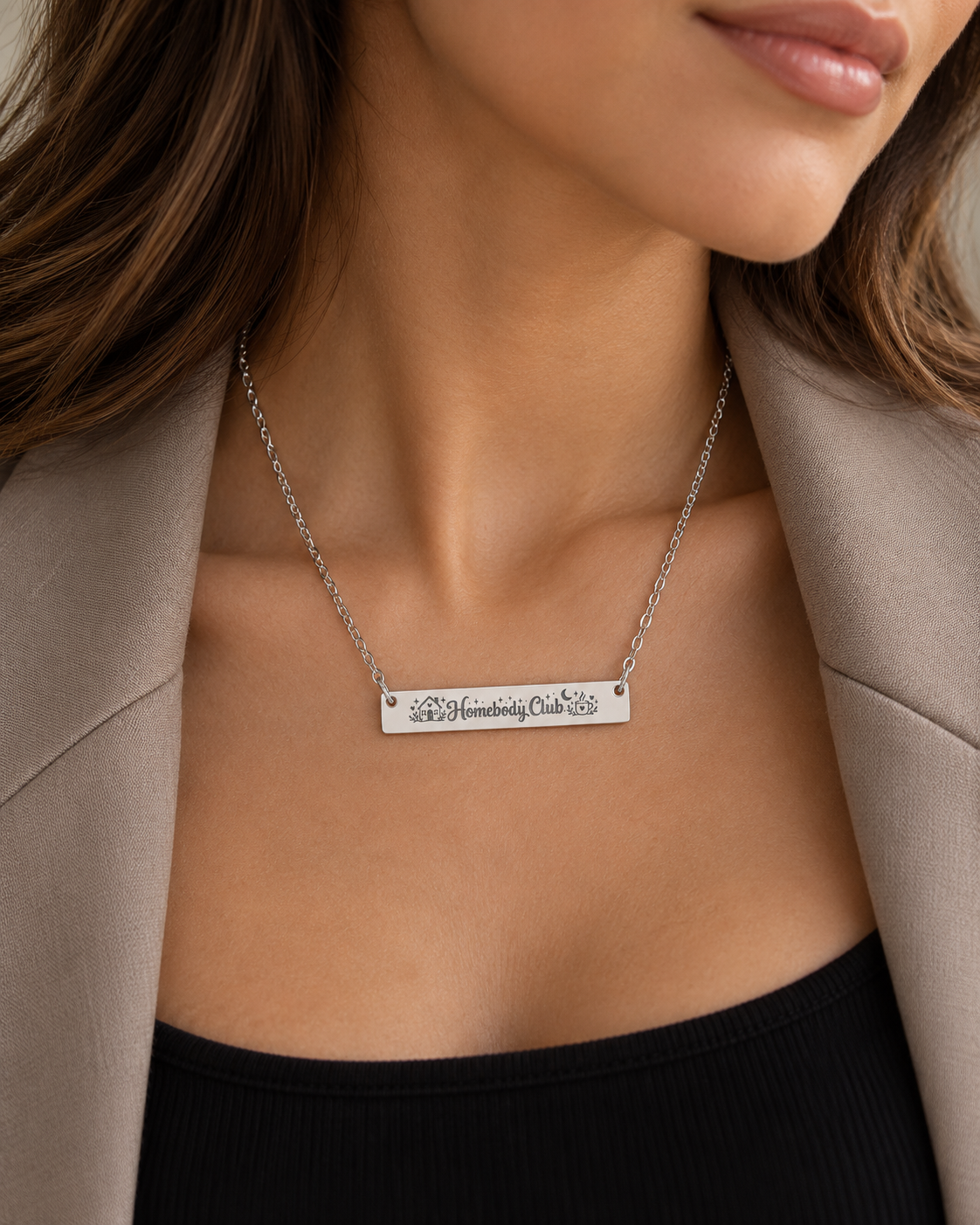 Homebody Club Engraved Bar Necklace