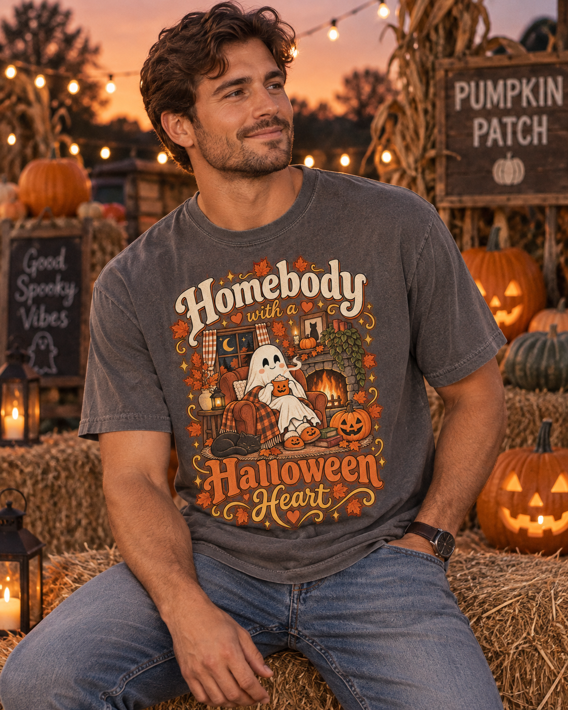 Homebody Halloween Heart T-Shirt — Cozy Ghost Pumpkin Fall Tee