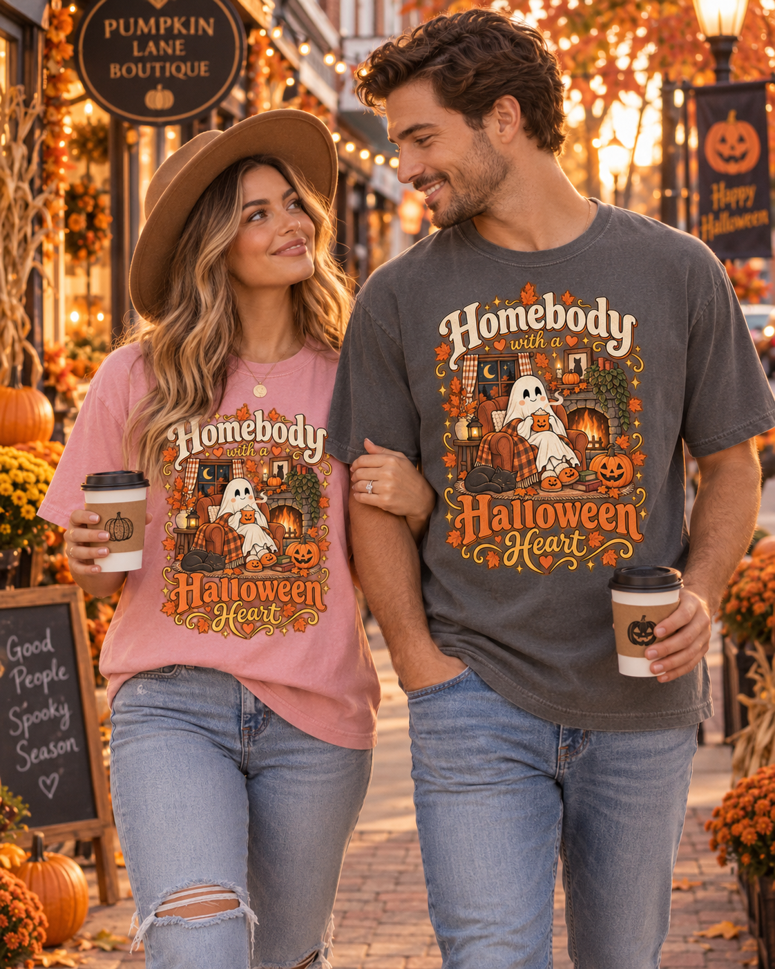 Homebody Halloween Heart T-Shirt — Cozy Ghost Pumpkin Fall Tee