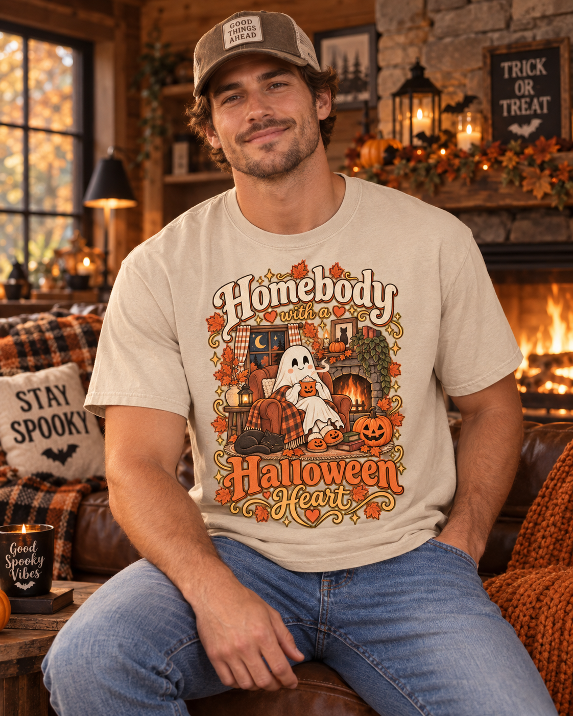 Homebody Halloween Heart T-Shirt — Cozy Ghost Pumpkin Fall Tee
