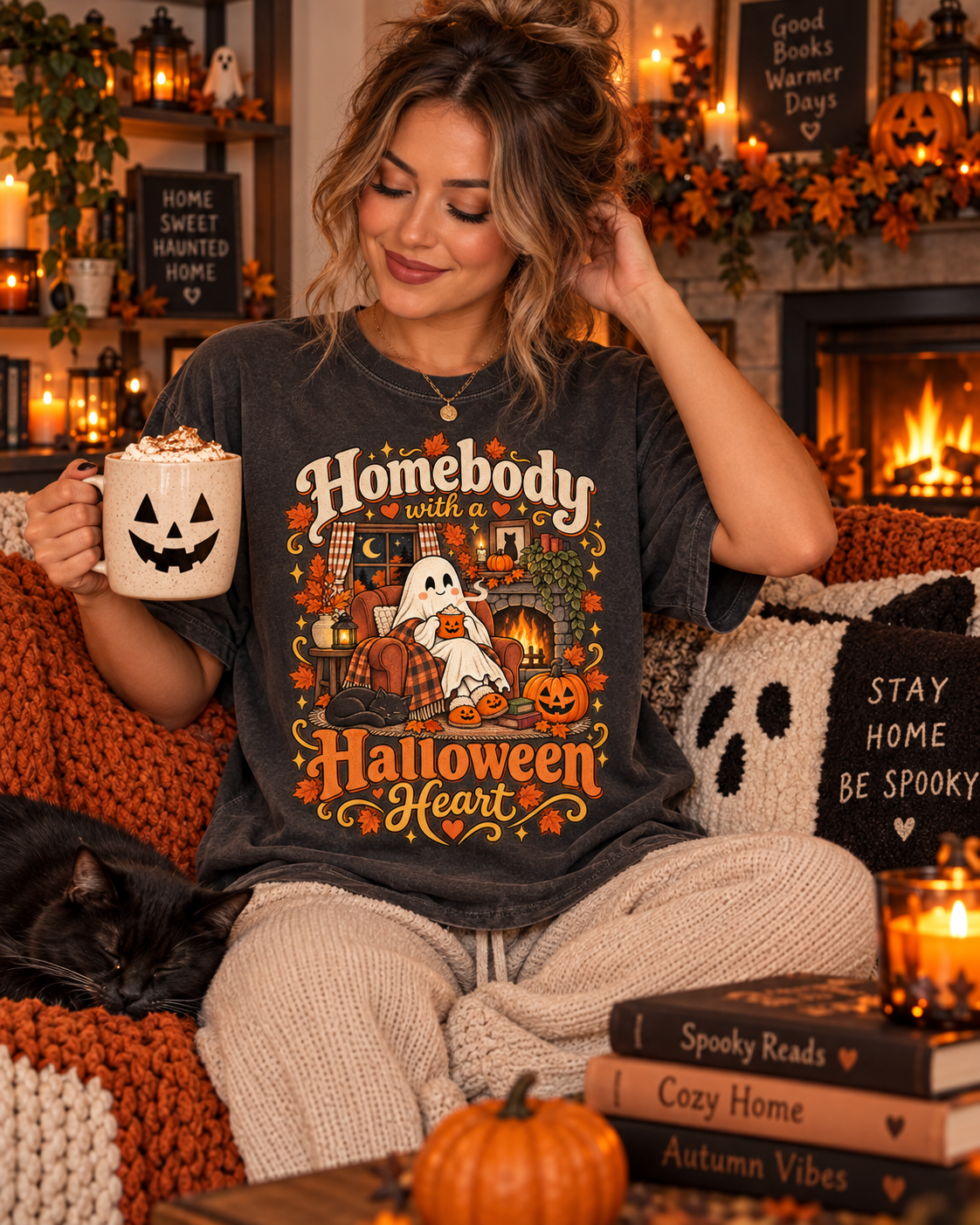 Homebody Halloween Heart T-Shirt — Cozy Ghost Pumpkin Fall Tee