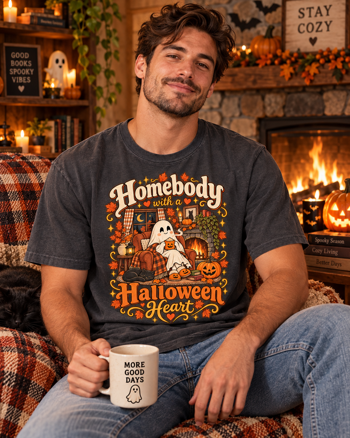 Homebody Halloween Heart T-Shirt — Cozy Ghost Pumpkin Fall Tee