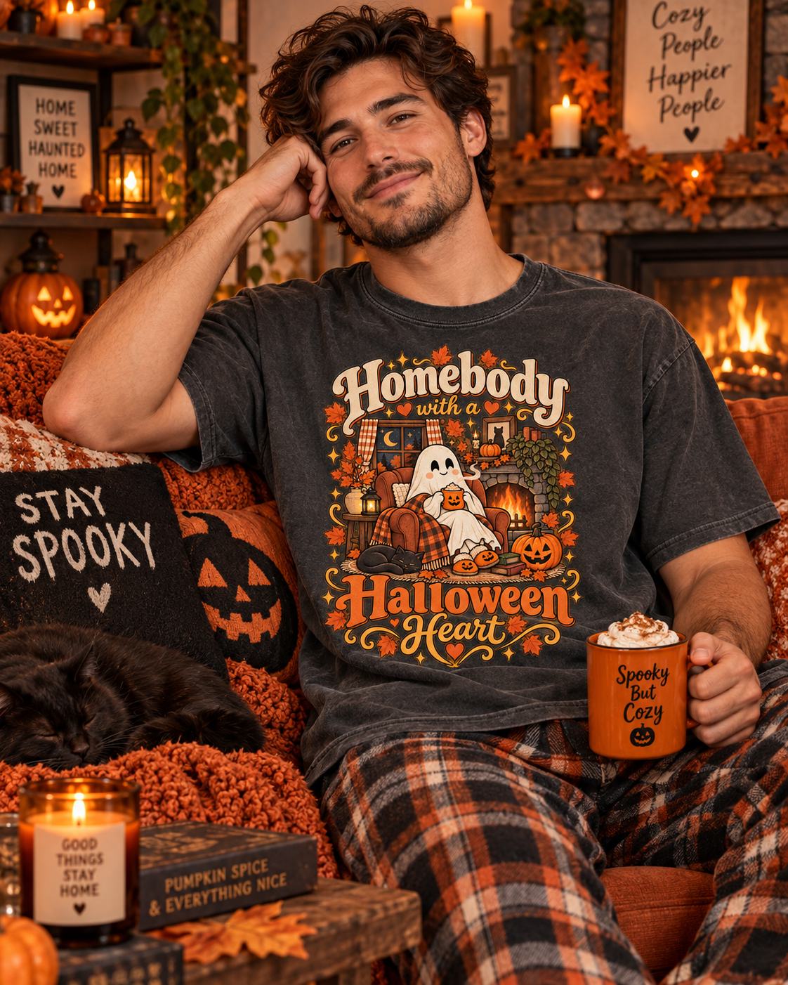 Homebody Halloween Heart T-Shirt — Cozy Ghost Pumpkin Fall Tee