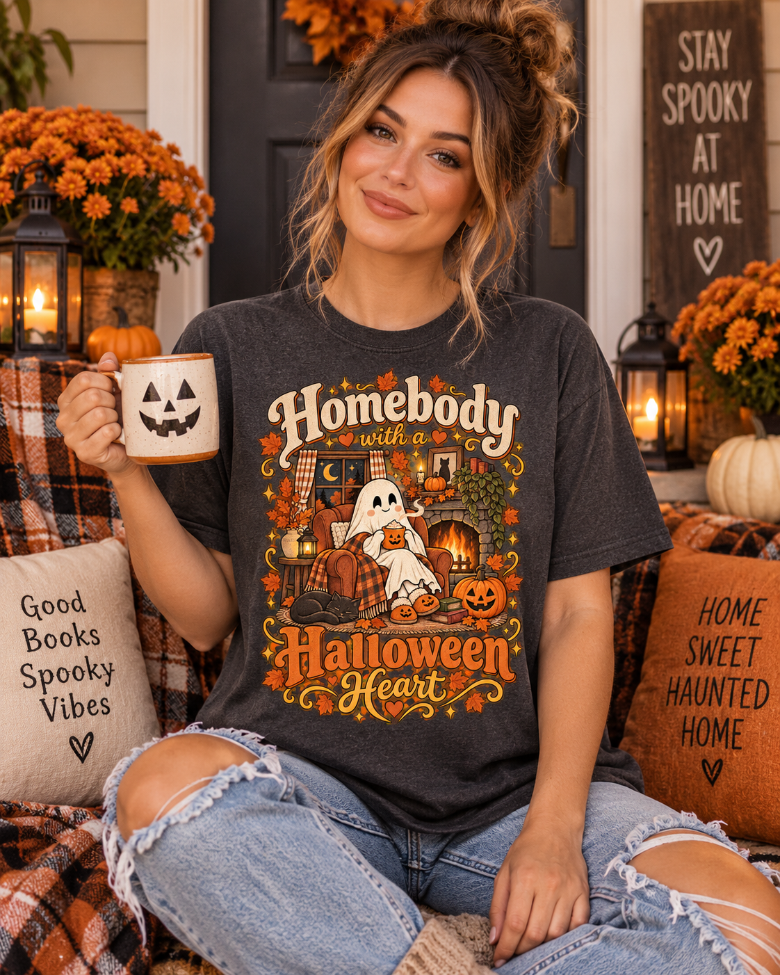 Homebody Halloween Heart T-shirt with ghost and pumpkin graphic product photo 11