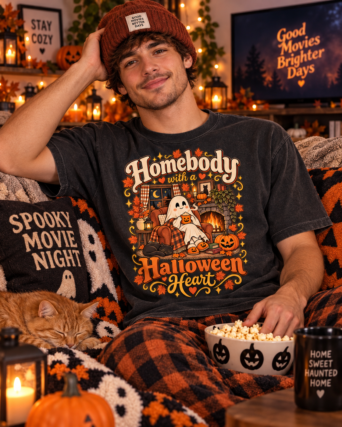 Homebody Halloween Heart T-Shirt — Cozy Ghost Pumpkin Fall Tee